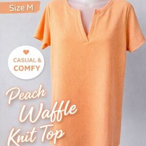 L Zenana Peach Waffle Knit Short Sleeve Top Size Medium Casual Comfy
